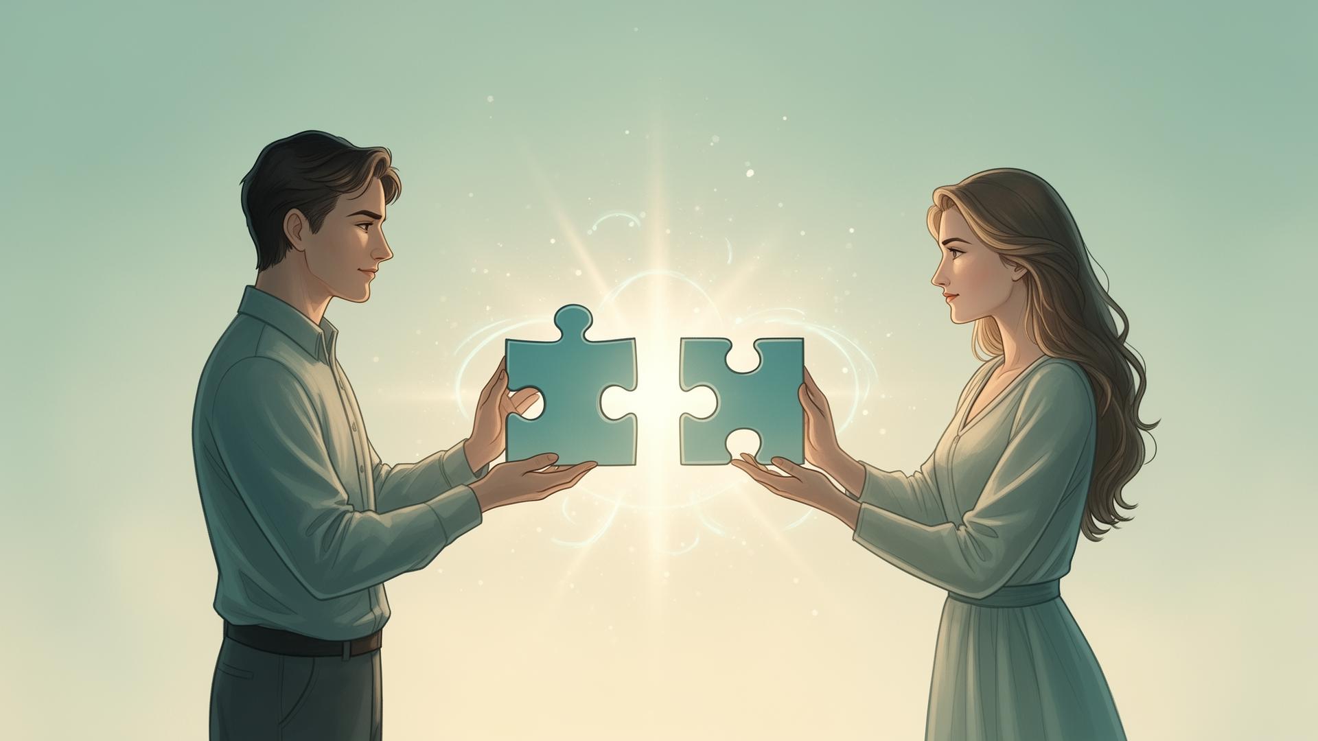 A man and a woman bringing two puzzle pieces together, symbolizing couples and partnership work