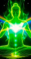 A figure in meditation with the chakras illuminated in radiant green light