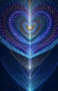 A luminous mosaic heart radiating outward in violet and gold